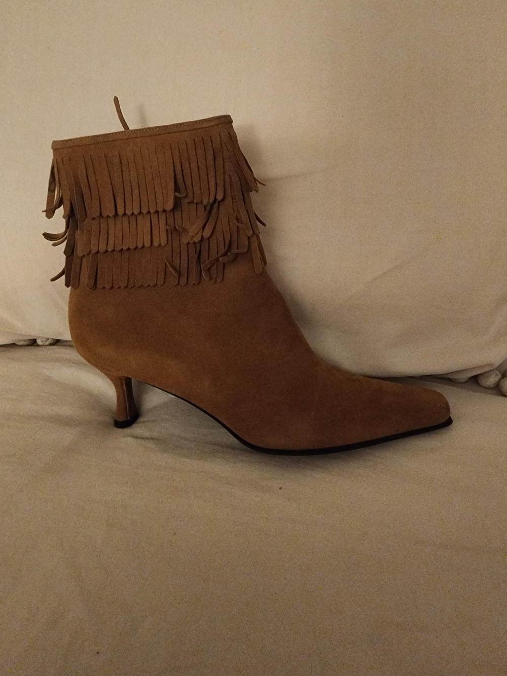 Stuart Weitzman Tan Suede Fringe Ankle Bootie